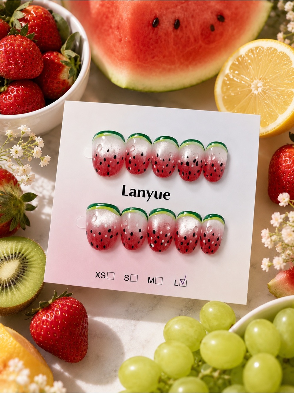 Cateye Watermelon Press-On Nail Set with Green Tip